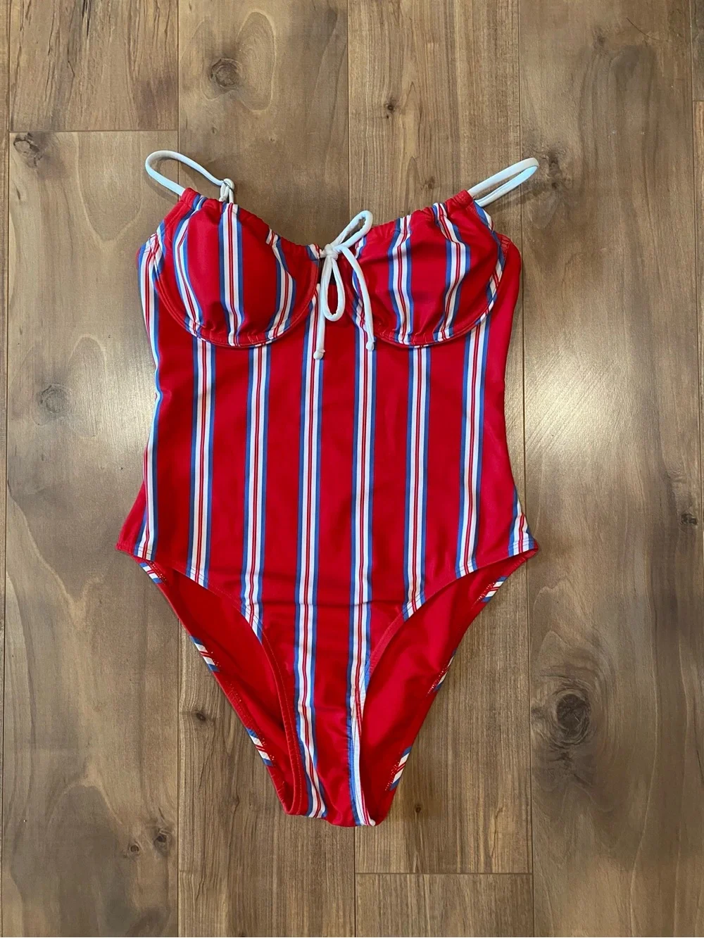 No Boundaries Red Stripe One-Piece Swimsuit with White Accents M